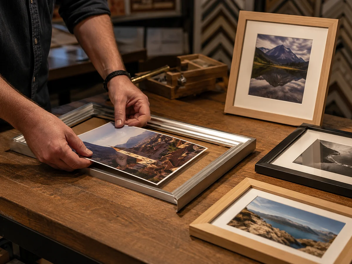 Mani che montano una stampa fotografica in una cornice, con altre cornici pronte sul banco