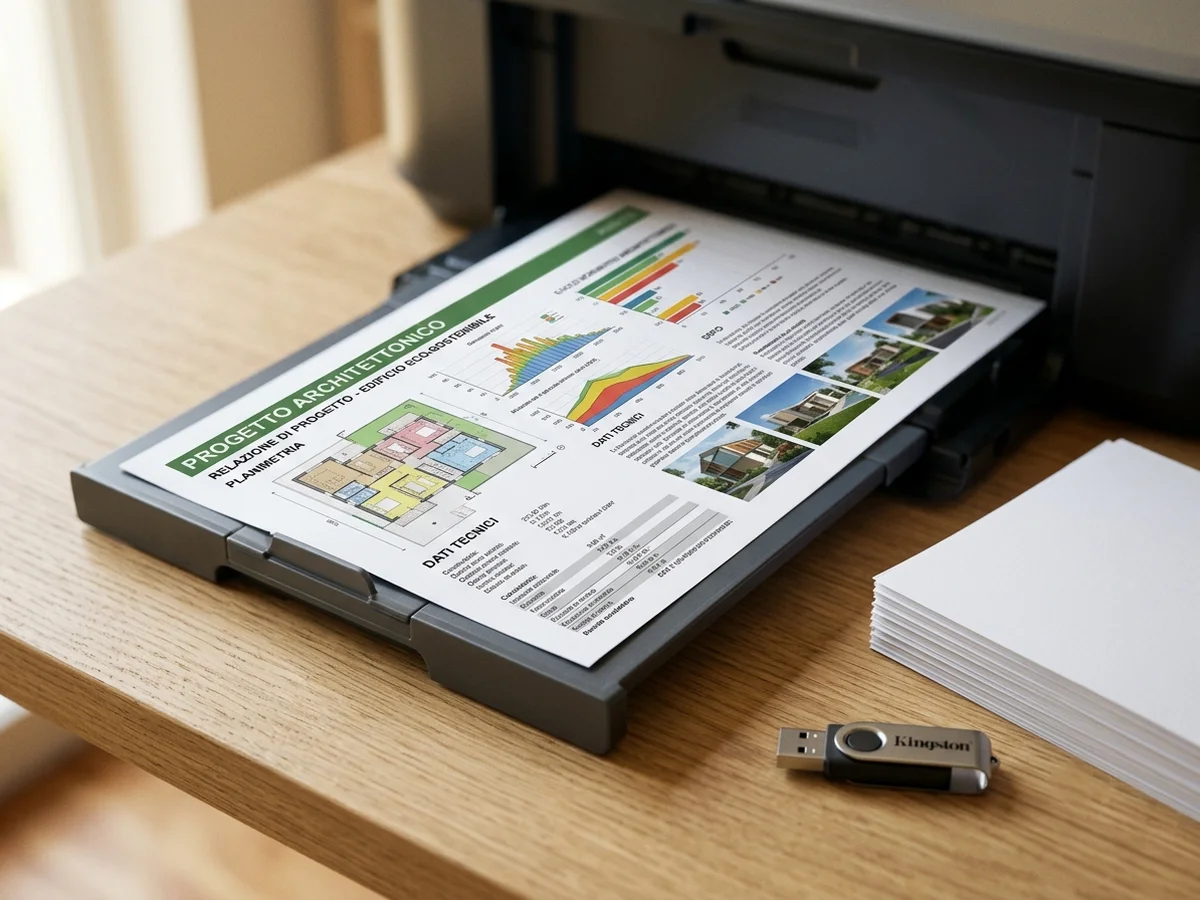 Documento appena stampato da una stampante, con chiavetta USB e risma di fogli sul tavolo